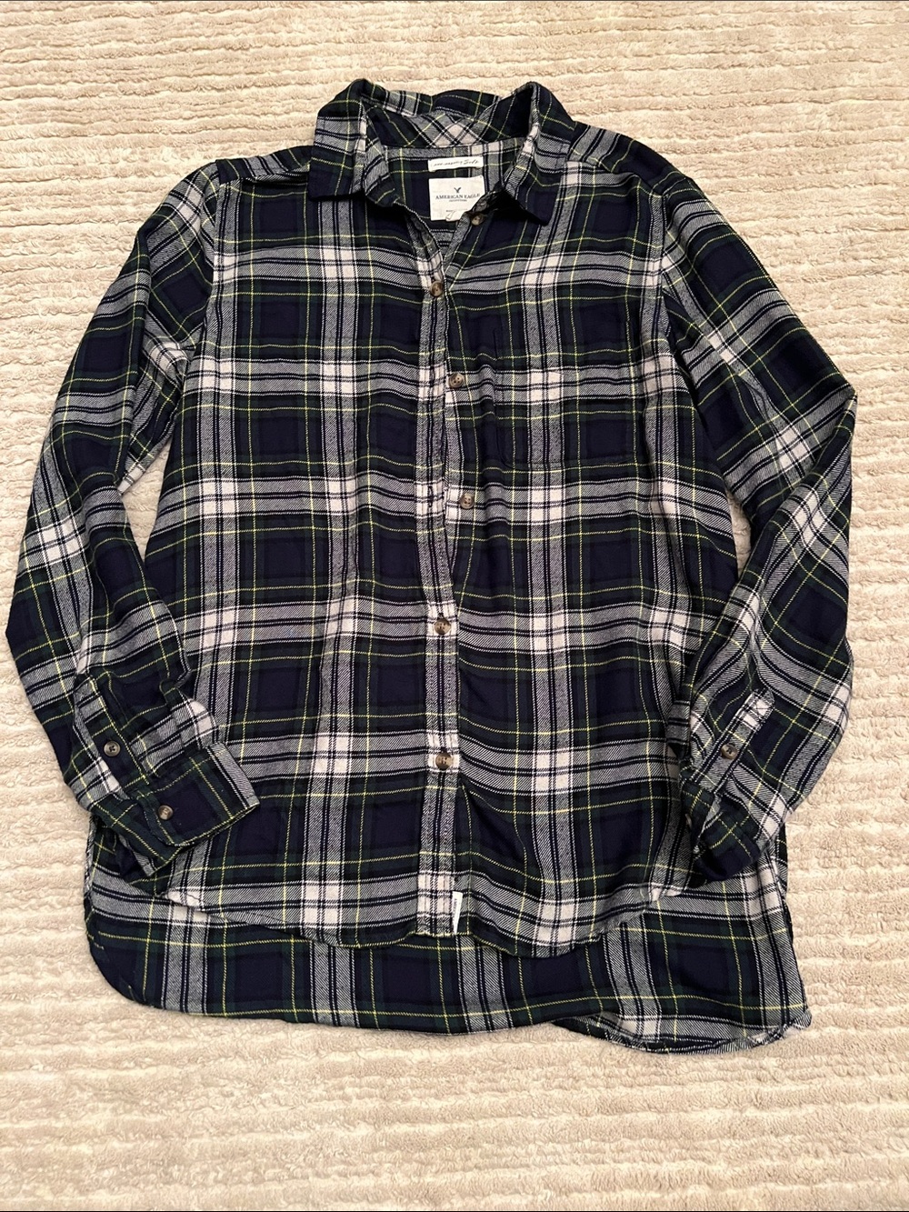 American Eagle Outfitters Navy, White & Green Plaid Button-Down Shirt